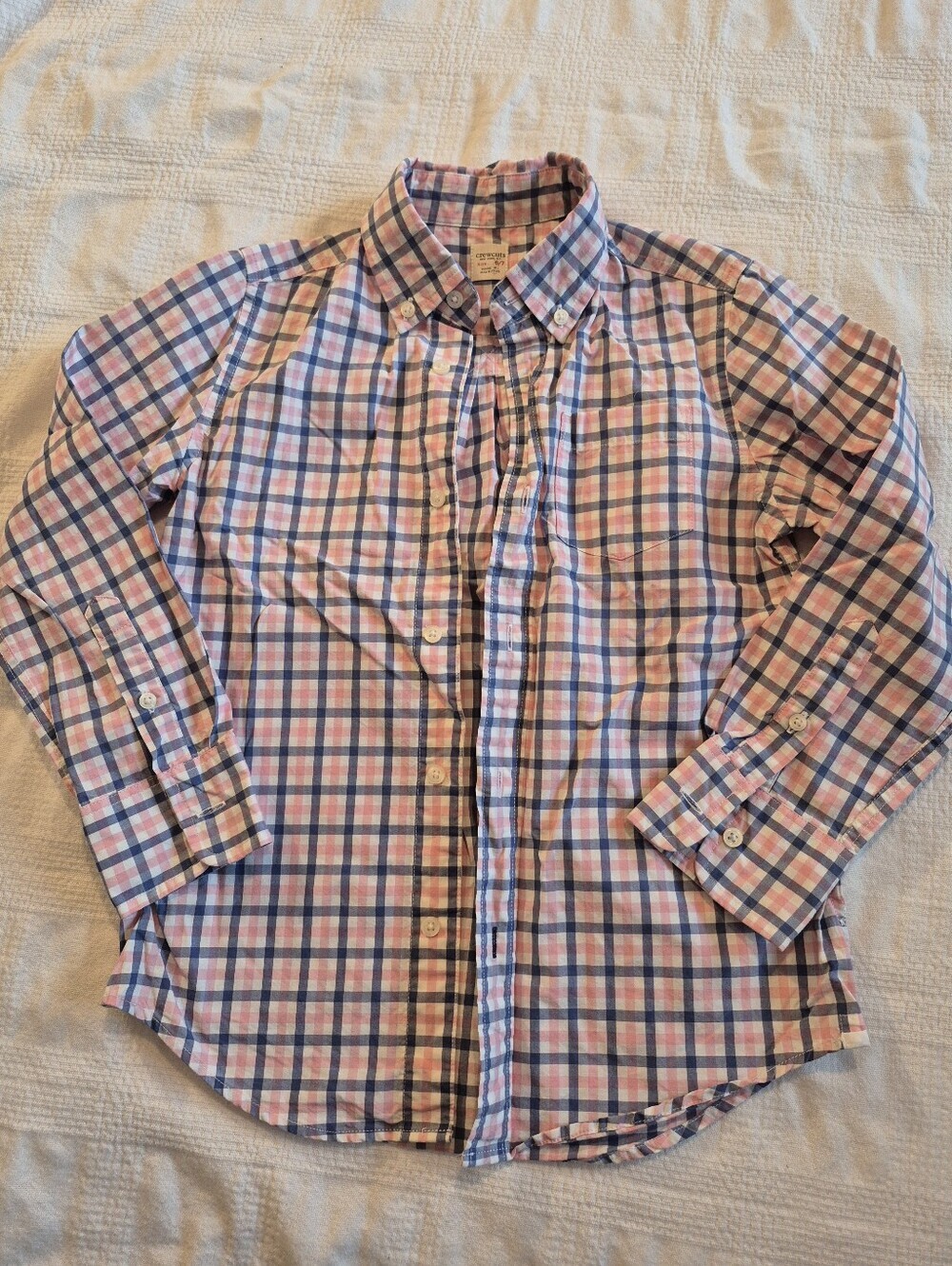 Crewcuts boys size 6/7 pink blue & white button down plaid shirt VGUC